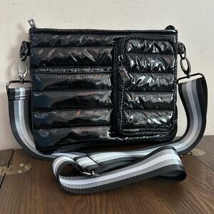 Think Royln Wingman Black Patent Quilted Puffer Crossbody Bag Striped Strap
